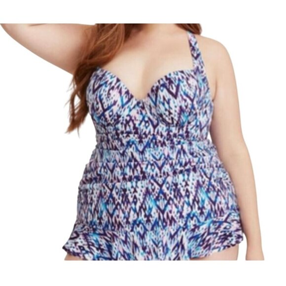 Torrid Tie Dye Swim 1X Blue One Piece Chevron Peplum Tropical Aztec Boho Western - Picture 1 of 16